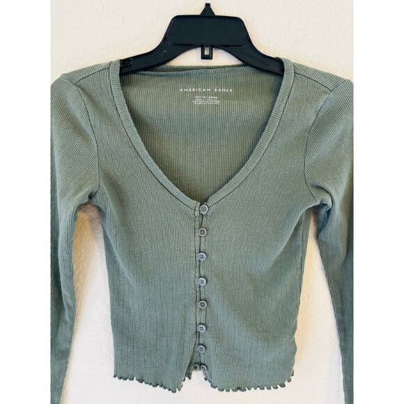 American Eagle Olive Green Ribbed Button Front Long Sleeve Tee XS - Picture 2 of 4